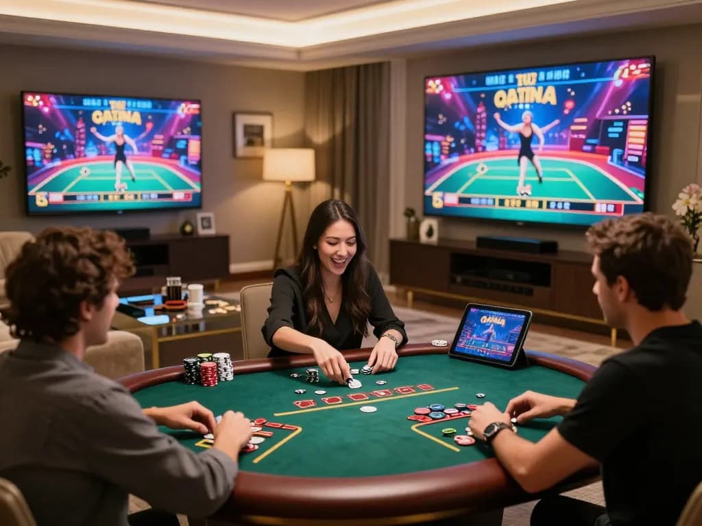 FLY88 players enjoying a live poker game in a luxurious online casino setting, showcasing an engaging experience.