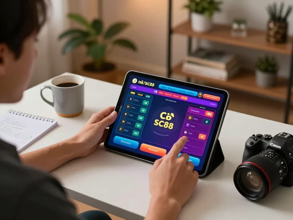 Engaging gameplay with nhà cái SC88 shown on tablet, person strategizing in cozy home setting