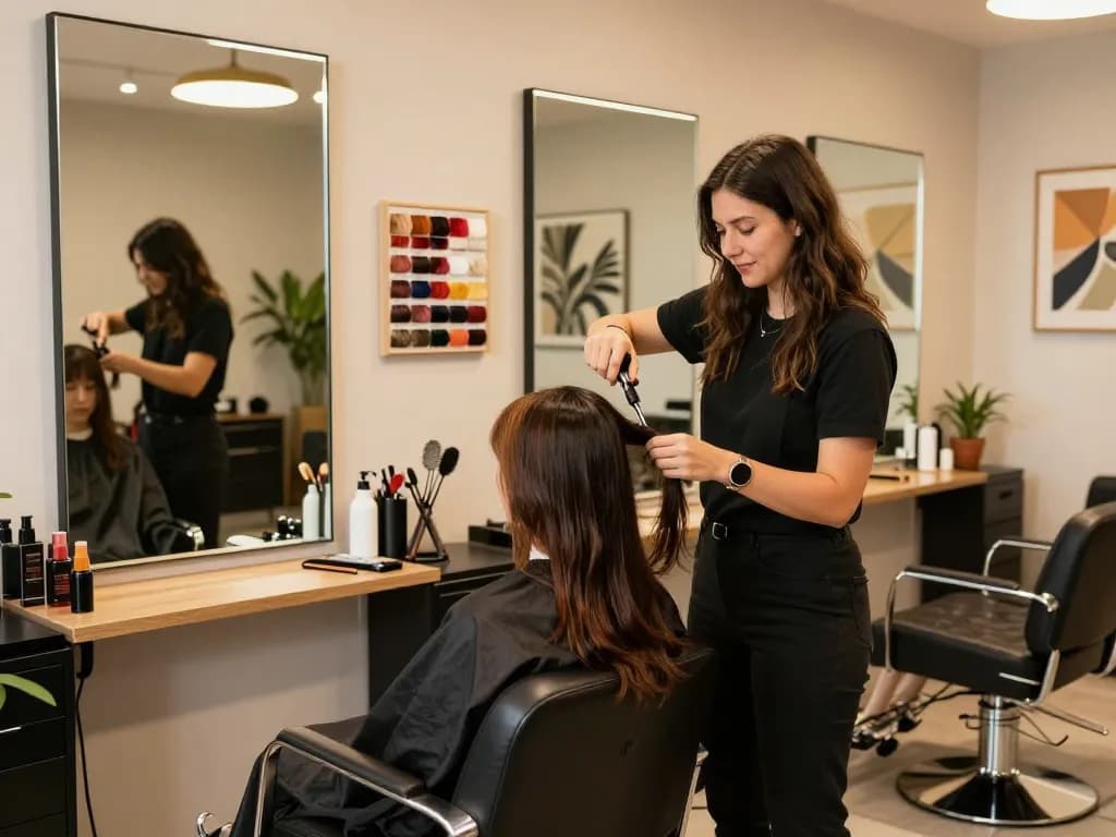 Interior estiloso de salão de cabelo com cabeleireiro e decoração vibrante, atmosfera convidativa.