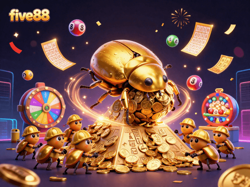 Bettors enjoy a vibrant game scene at five88 with golden treasures, bouncing lottery balls, and festive confetti.