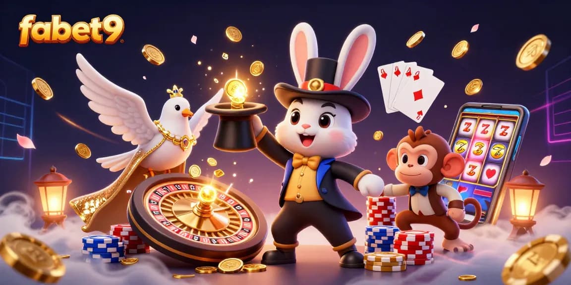 Experience the excitement of fabet9 with a magician rabbit revealing treasures in a vibrant casino scene.