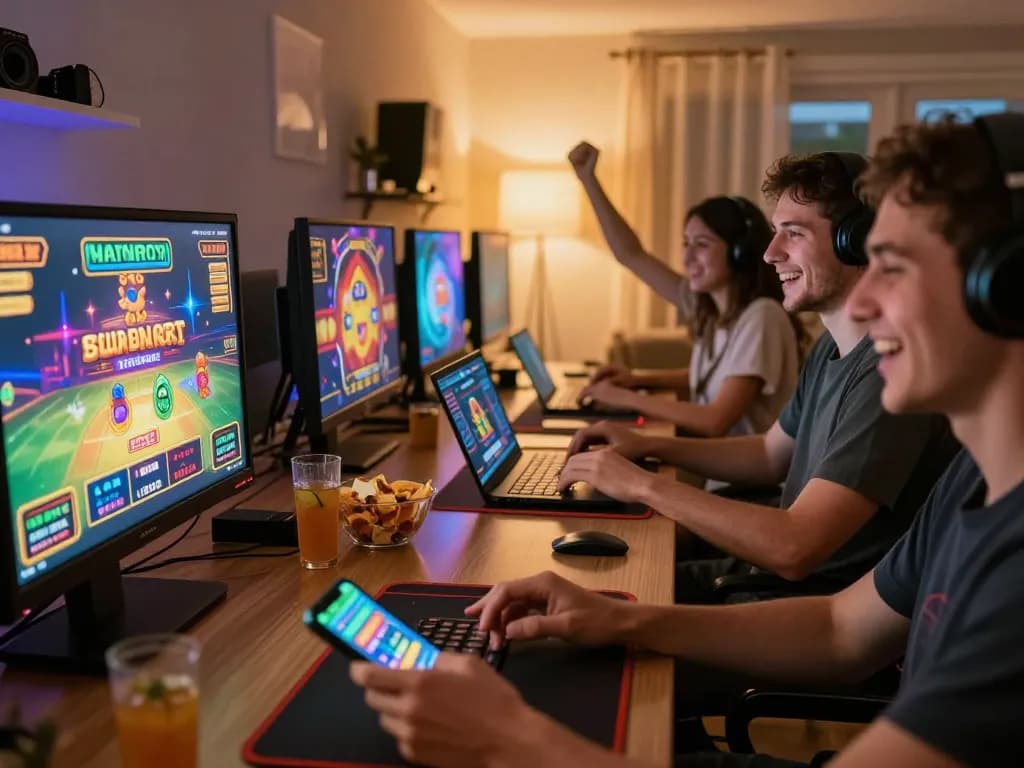 People enjoying strategic gaming on 56WIN app, celebrating wins in a vibrant online casino setting.