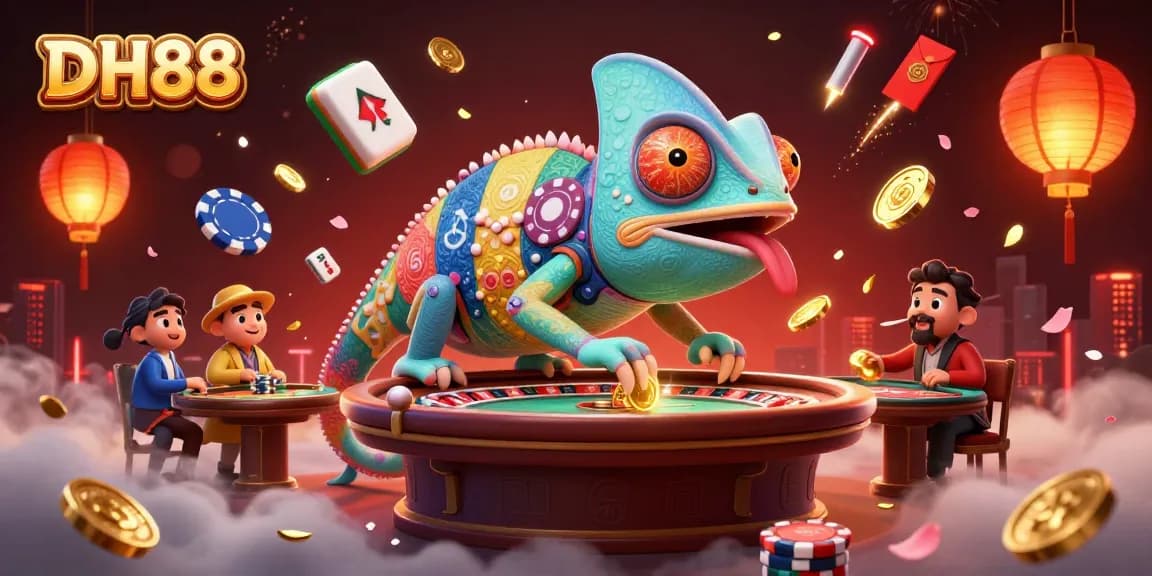 Experience thrilling gameplay at DH88 with vibrant casino elements and a captivating chameleon character.