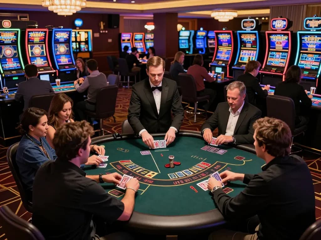 MIG8 players enjoying a thrilling blackjack game in an upscale live casino environment.