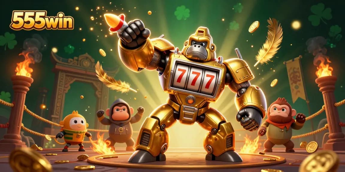 Win big with 555win in a vibrant 3D casino illustration featuring thrilling game elements.