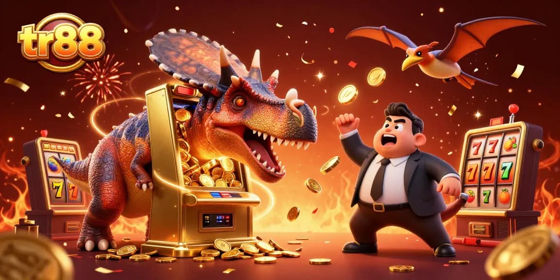 tr88 slots scene with a dinosaur jackpot, golden coins, and a panic manager in a casino