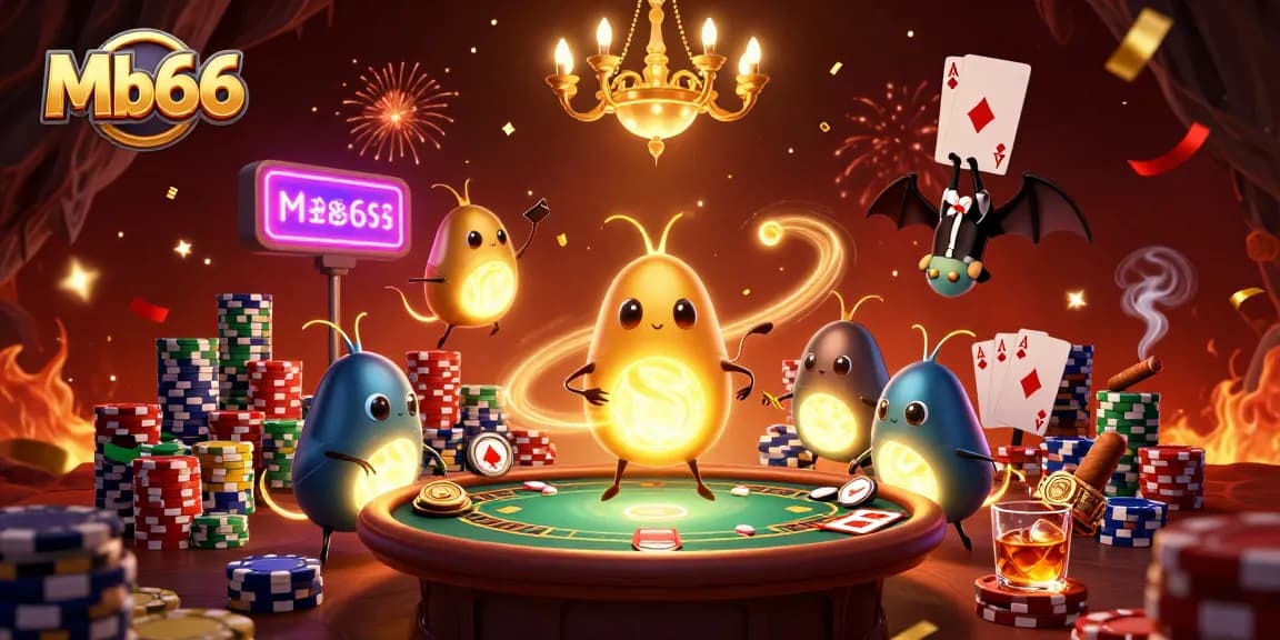 Experience Mb66's vibrant casino scene with glowing glowworms and a bat dealer in 3D art.