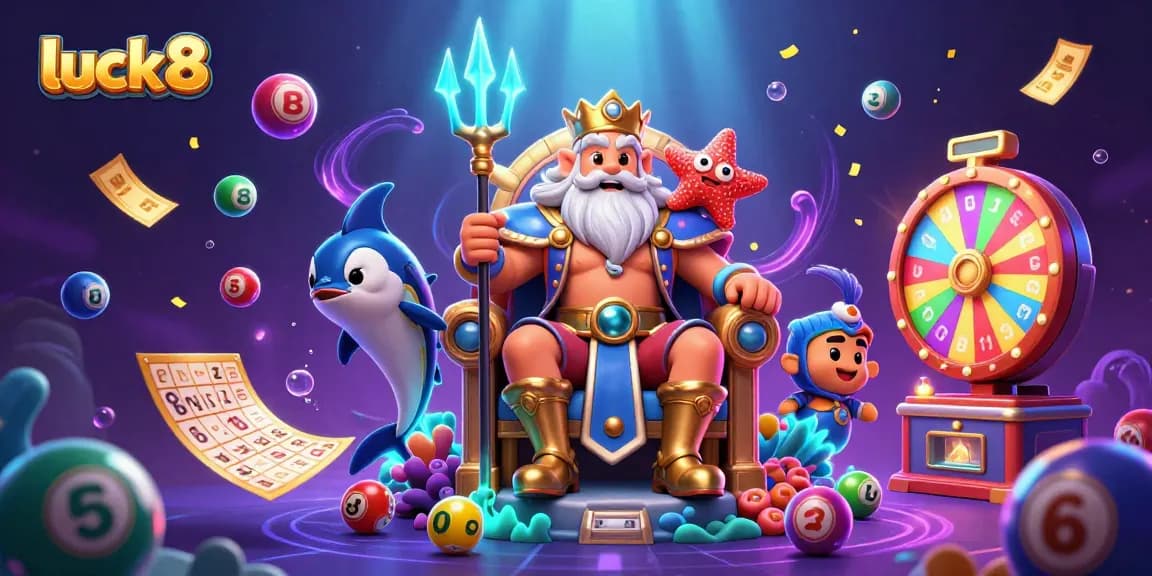 Win big with luck8 in this vibrant casino-themed digital illustration featuring Neptune and games.