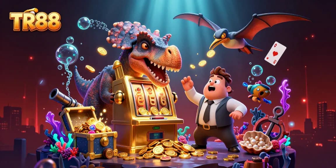 TR88 casino scene featuring a dinosaur celebrating a slot machine jackpot, amidst vibrant gambling elements.