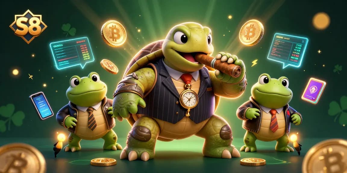 S8 players winning big with a snapping turtle mobster amidst vibrant casino elements.