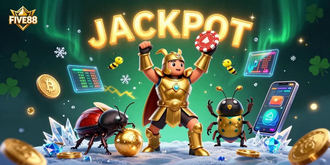 FIVE88 jackpot celebration featuring a beetle duo amidst vibrant casino elements
