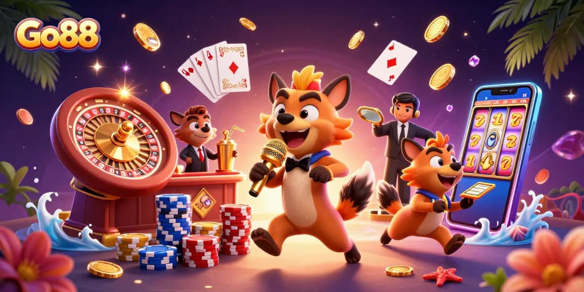 Go88 hyenas run a comedy casino club with sparkling gems, golden coins, and vibrant 3D details.