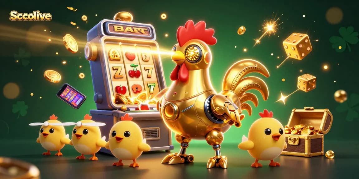 Socolive features a golden rooster robot amidst vivid casino elements, enhancing player engagement.