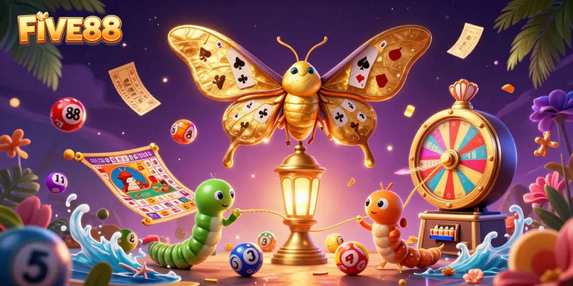 Engage in the vibrant casino world of FIVE88 with dynamic lottery elements and a dazzling moth illustration.