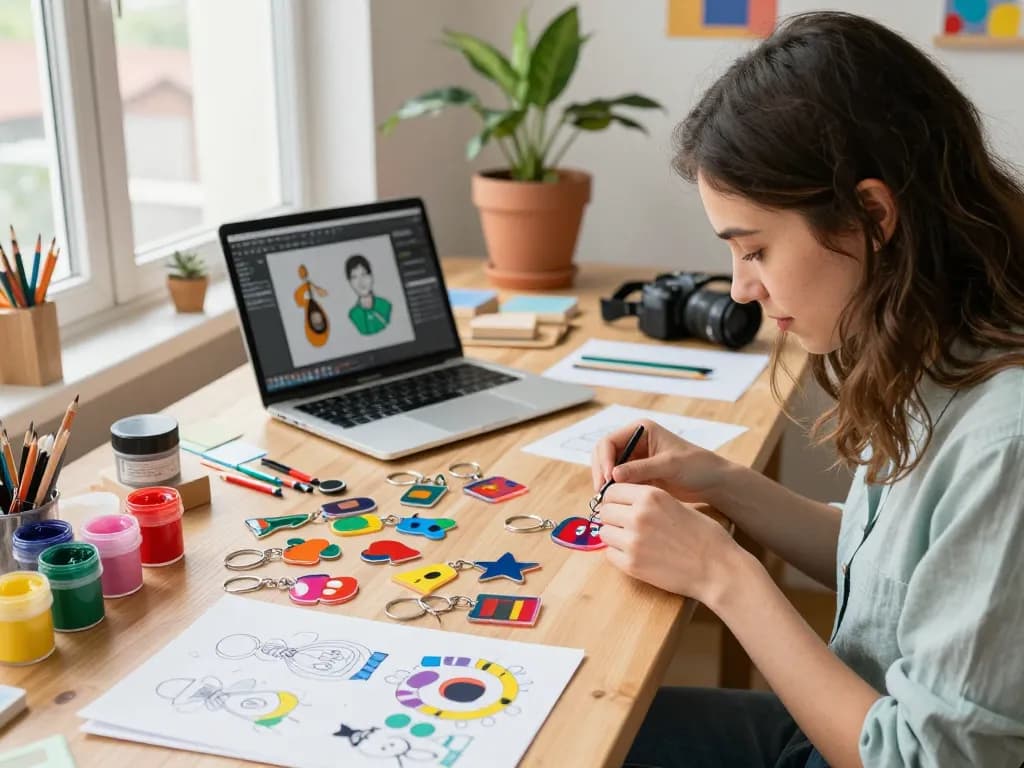 Custom acrylic keychains selbst gestalten in a vibrant workshop with a designer creating colorful designs and materials.