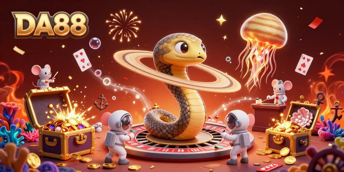 Experience DA88 with astronaut mice betting on a cosmic roulette in this colorful, energetic casino scene.