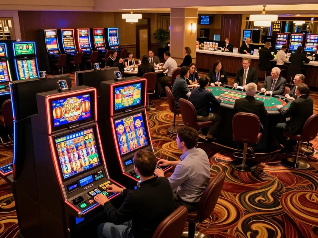Players engaging with slot machines at cm88a casino, showcasing lively gambling atmosphere and vibrant excitement