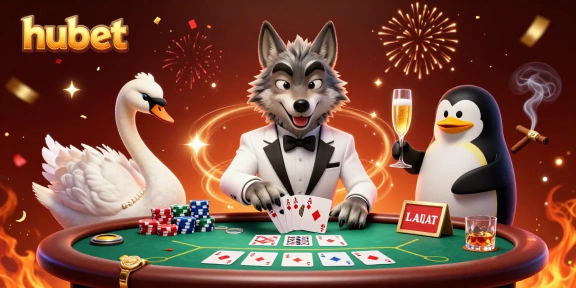 Experience exhilarating wins at hubet with a wolf, swan, and penguin in a vibrant casino scene.
