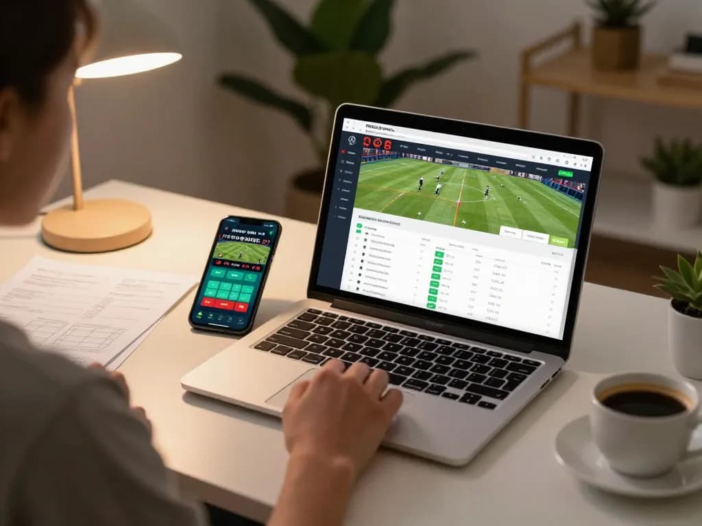 Engaged in online sports betting showcasing tỷ lệ kèo nhà cái hôm nay with laptop, coffee, and strategy notes