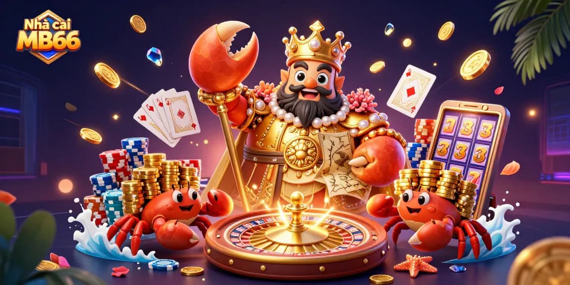 Experience excitement with Nhà cái MB66's vibrant casino illustration, featuring the golden crab emperor and treasure elements.