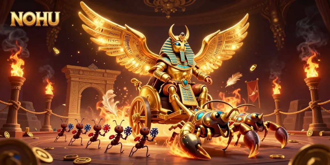 Experience the thrill of NOHU with a 3D illustration of a golden scarab beetle in a gambling arena.