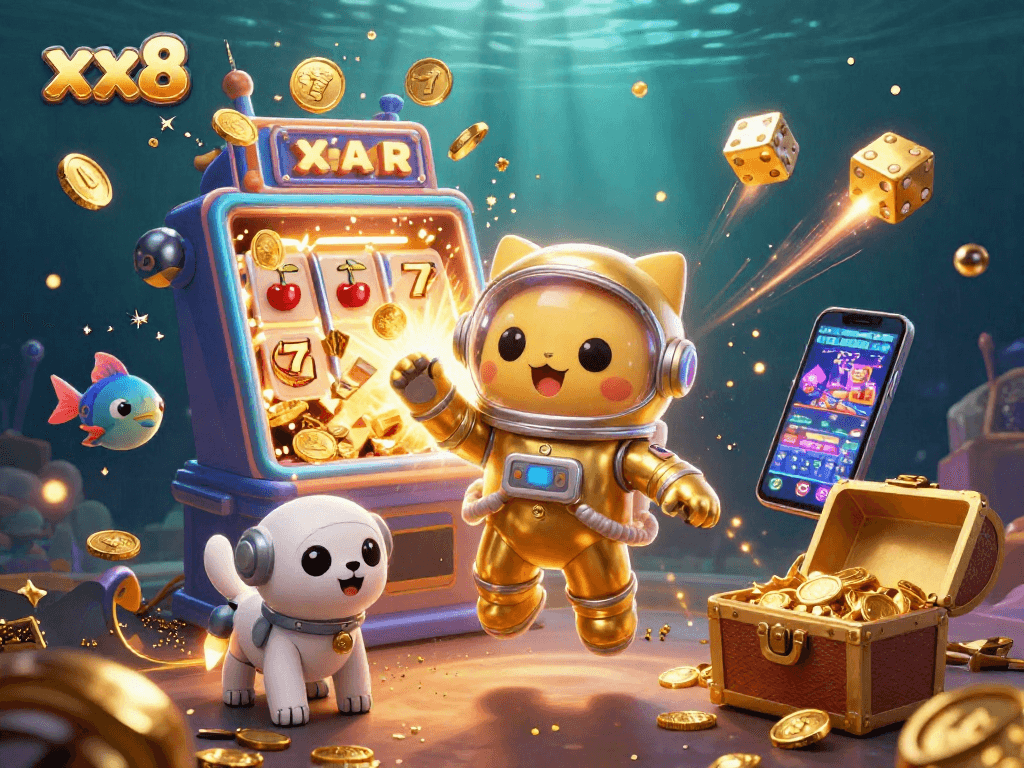 Spin the reels with xx8 in this dazzling scene of a cartoon cat astronaut and dynamic casino elements.
