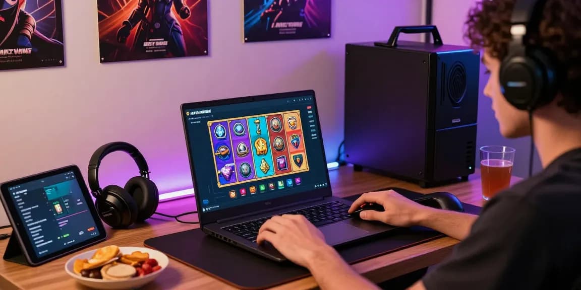 LAVOWIN login scene showing user enjoying online gaming experience in cozy home office.