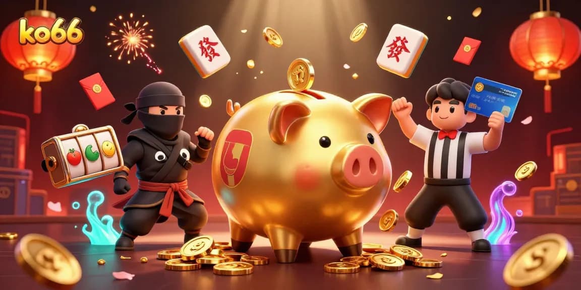Experience exciting wins at ko66 with a vibrant 3D casino illustration featuring dynamic gaming elements.
