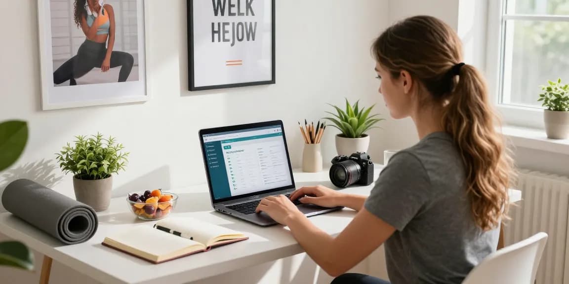 Person, die mit der MyQuests-Gesundheitsüberwachungsplattform in einem modernen Büro interagiert.