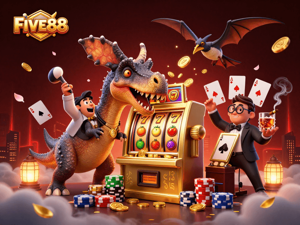 FIVE88 showcases a cartoon dinosaur winning jackpots at a slot machine amidst casino frenzy.