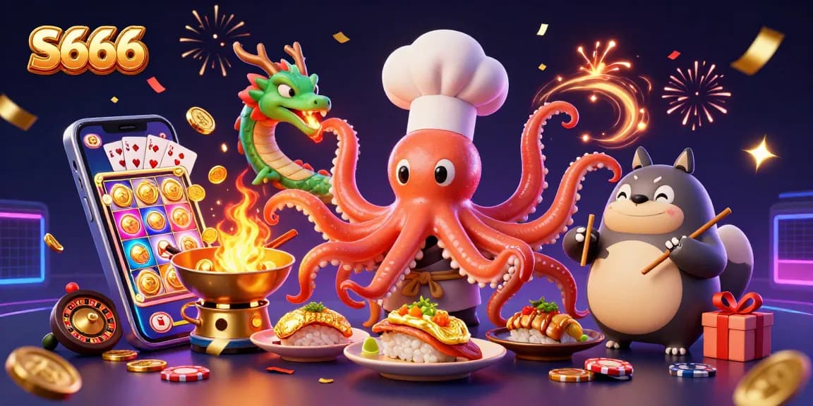 S666 showcases a vibrant 3D scene with cartoon characters enjoying casino games and slot excitement.