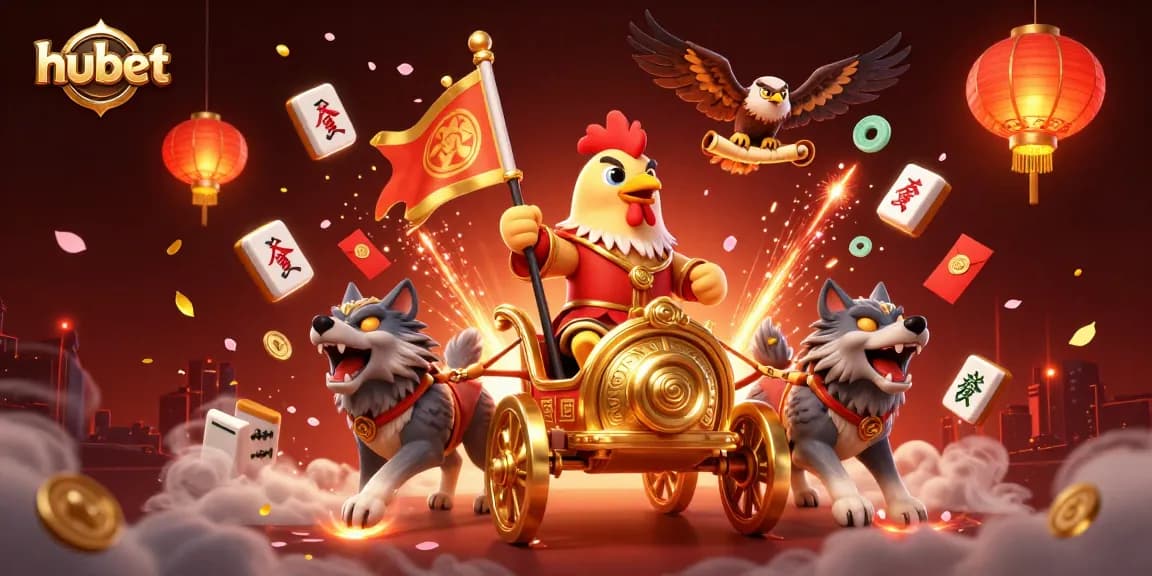 Experience thrilling action with hubet as a rooster warlord leads a dynamic battle in a vibrant casino scene.