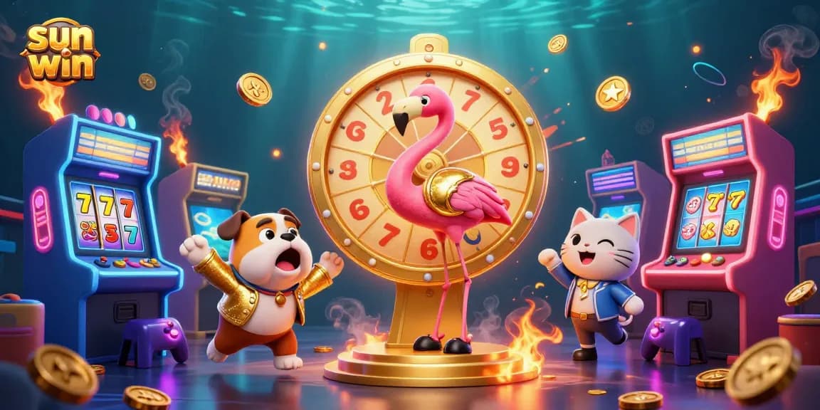Experience sun win excitement with a 3D illustration of a fun game show scene featuring vibrant gaming machines and engaged characters.