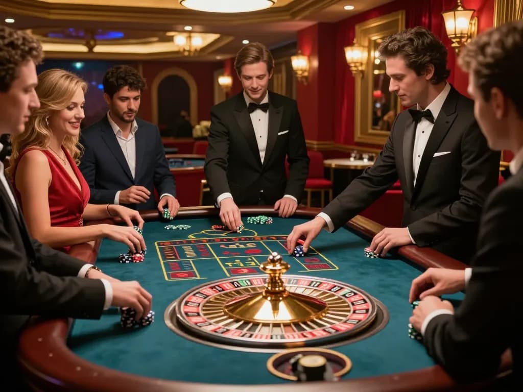 Players engaging in giải mã số học strategies at a luxurious roulette table, emphasizing excitement and betting dynamics.