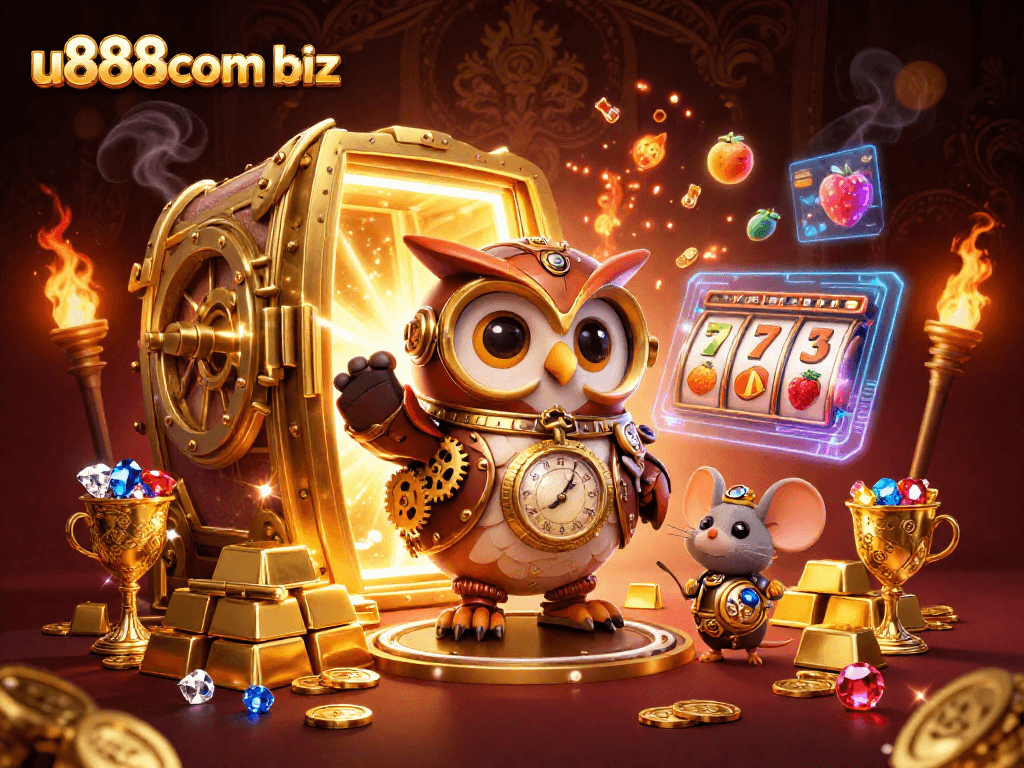 Spin the reels at u888com biz with a steampunk owl and treasures bursting with jewels.