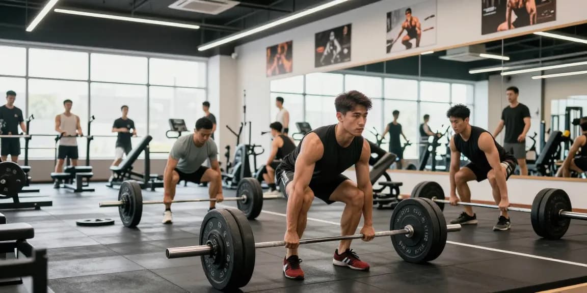 Bodybuilder im Steroidshop beim Training mit Gewichten im modernen Fitnessstudio.