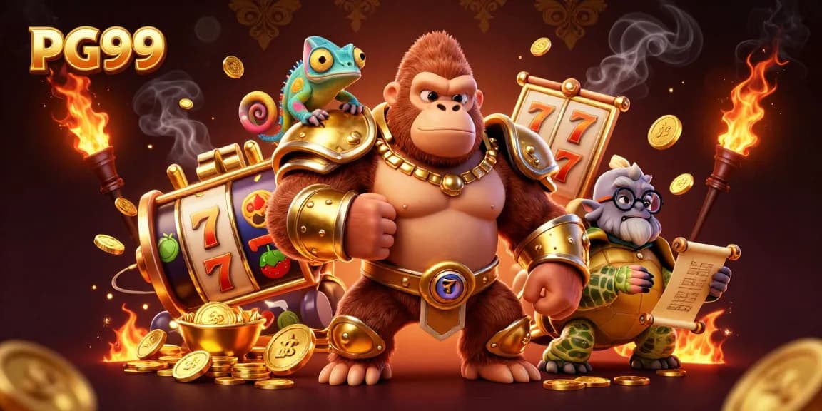 Engage with PG99's thrilling slot games illustrated by a mighty gorilla king and friends.