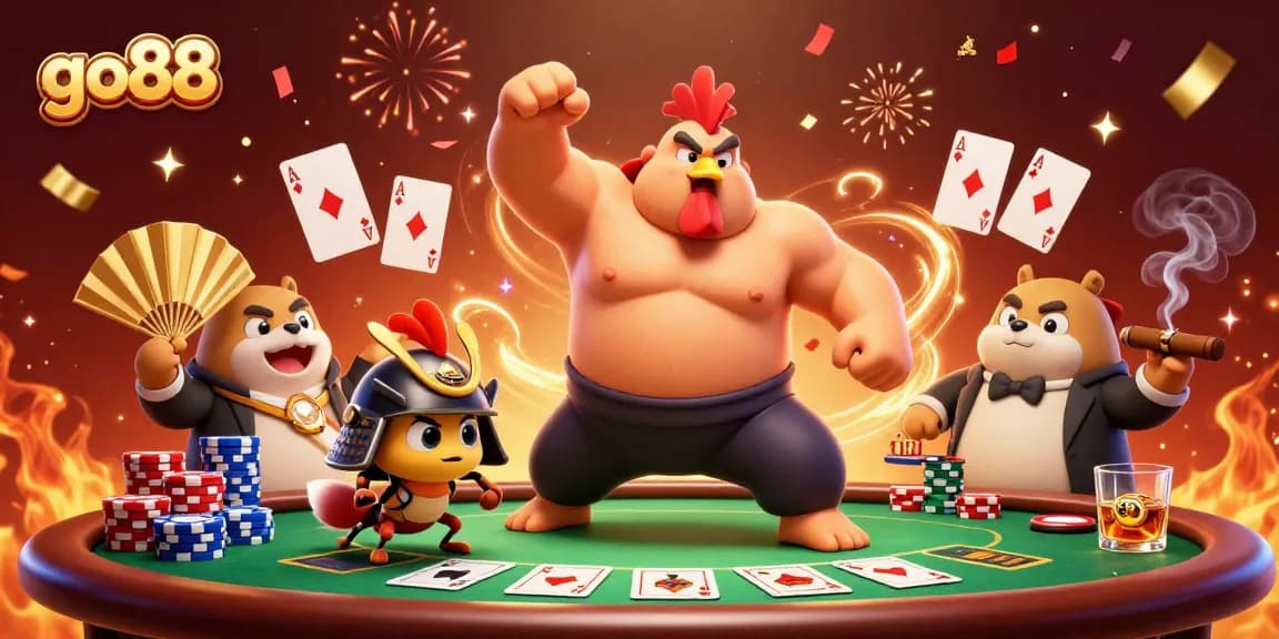 Engage with go88 for an exciting casino showdown featuring powerful characters like a sumo rooster.