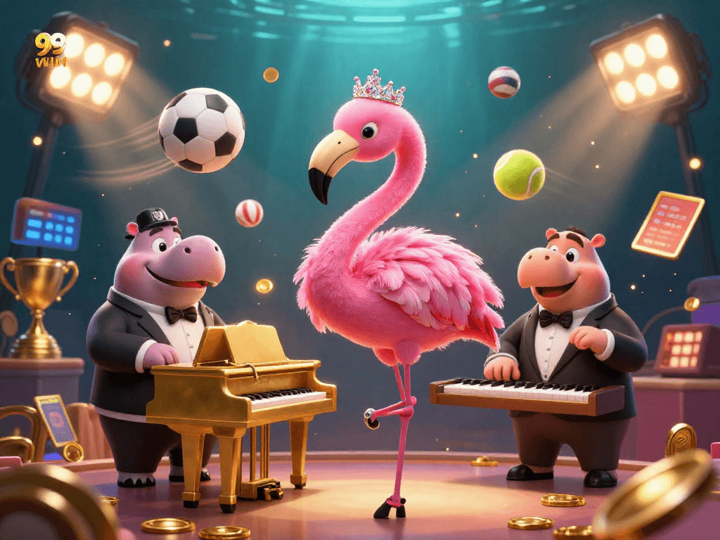 Engage in thrilling experiences at 99WIN with dynamic casino-themed elements and vibrant characters.