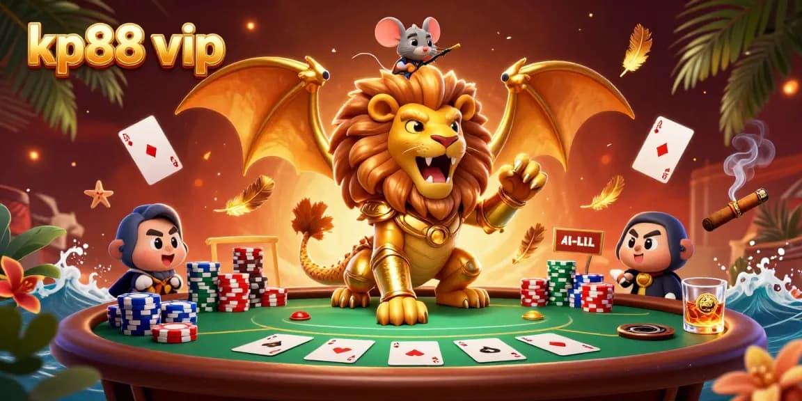 Win with kp88 vip in a vibrant casino scene featuring a golden chimera and poker elements.