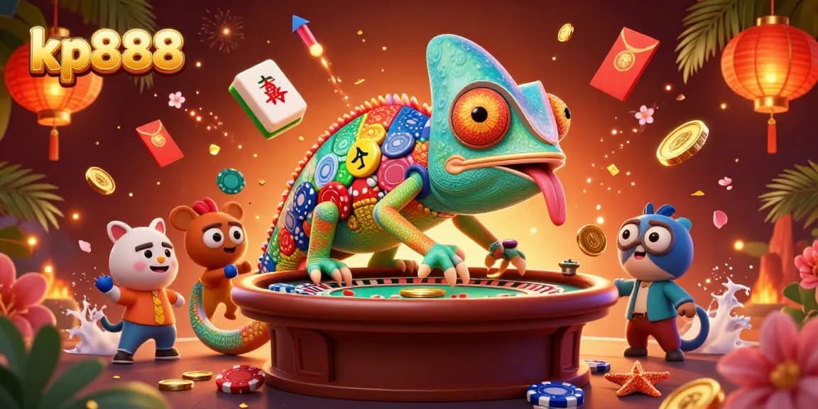 Experience vibrant gameplay with kp888 and a colorful chameleon casino owner in a 3D animated scene.