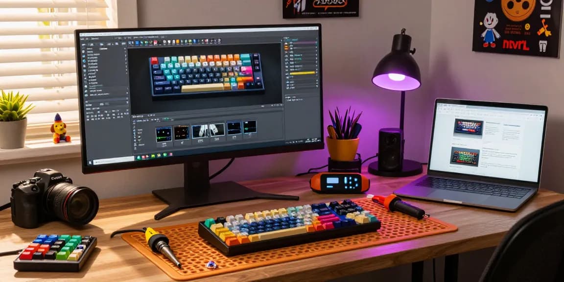 Passionate enthusiast assembling a Geek keyboard with vibrant keycaps in a stylish home office.