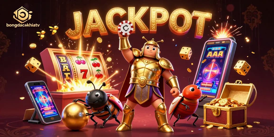 Experience bongdacakhiatv's vibrant 3D casino scene with beetles celebrating jackpots amidst dynamic gaming elements.
