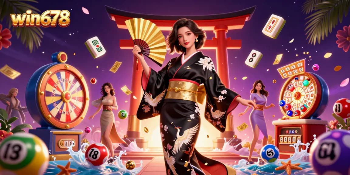 Play exciting games at win678, featuring a vibrant scene with a lucky Asian woman and dynamic lottery elements.