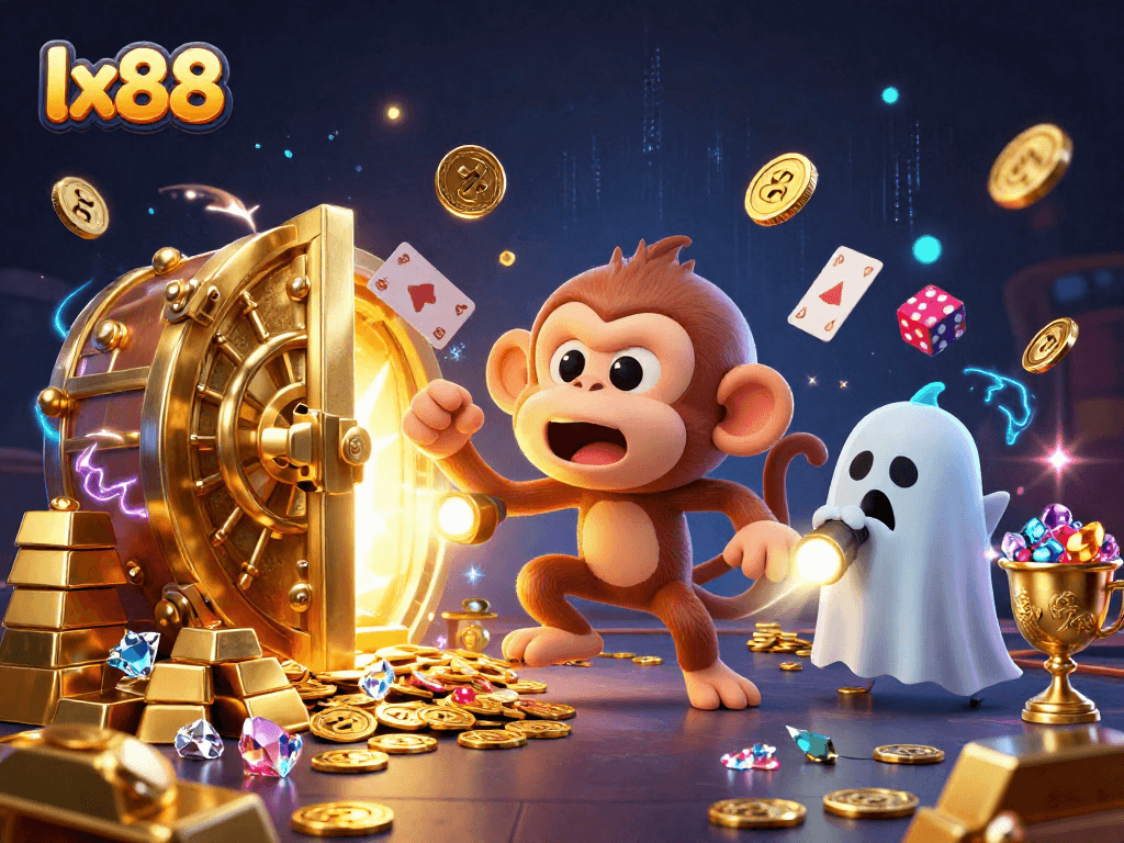 Experience the thrill at lx88 with a mischievous monkey juggling treasures in a haunted casino.