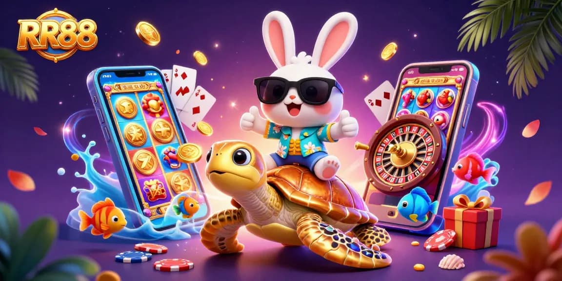 RR88 brings excitement as a lucky rabbit rides a golden turtle, surrounded by vibrant casino elements.