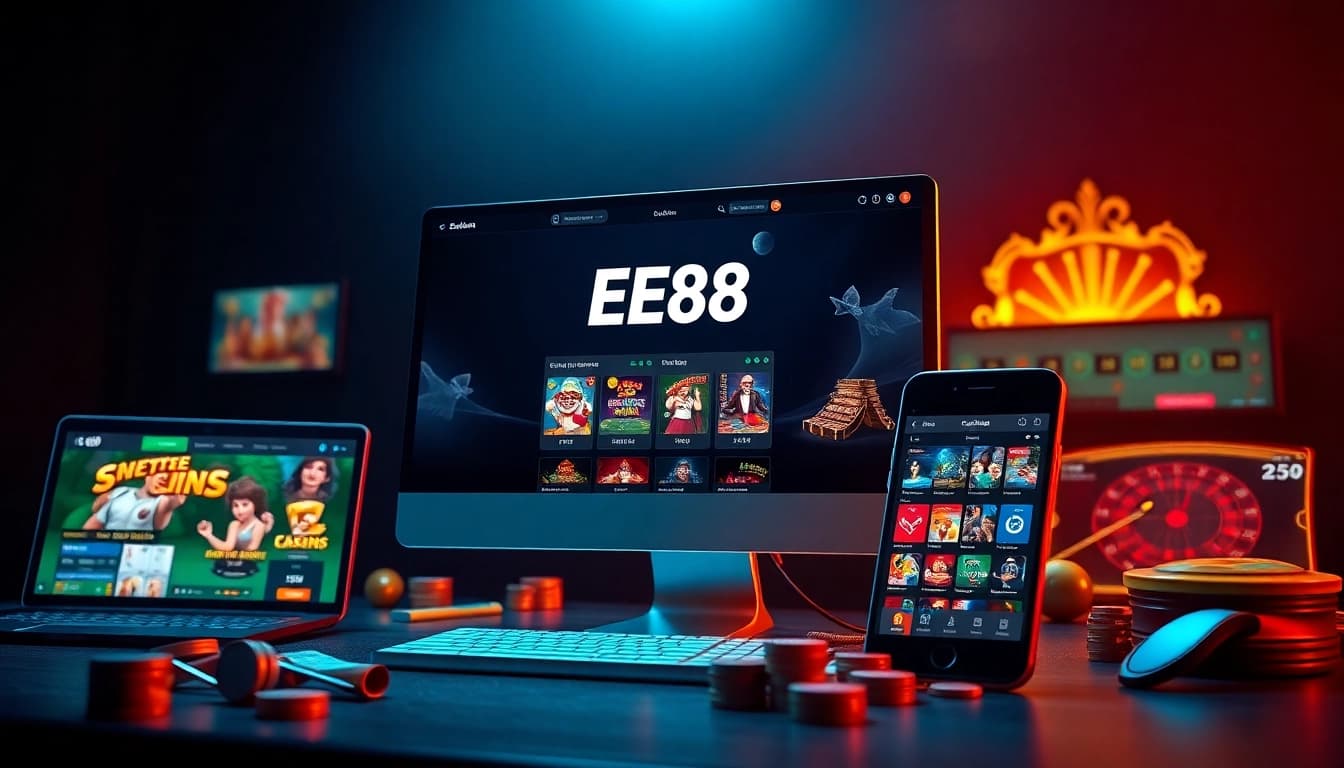 Dynamic EE88 online gaming interface with sleek devices and vibrant game graphics.