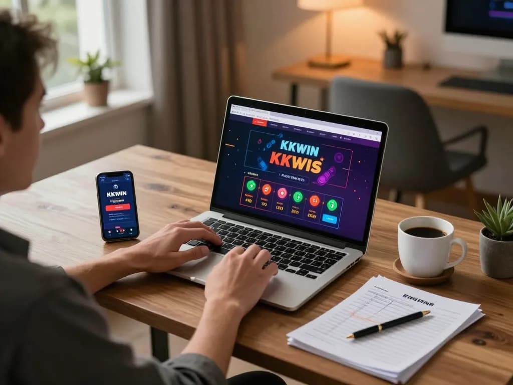 Player engaging with KKWIN online casino interface on laptop while studying betting strategies at home.
