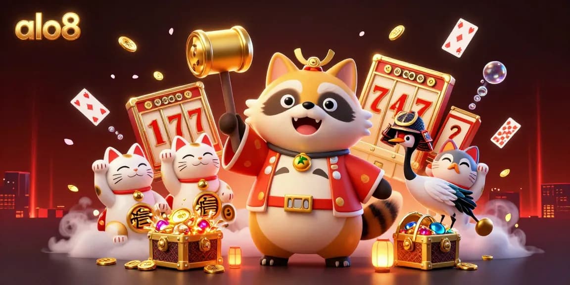 Experience thrilling gaming action at alo8 with cheerful tanuki bringing luck amidst vibrant slot symbols.
