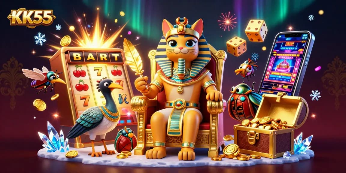 Win big at KK55 with this vibrant casino scene featuring pharaoh cat and joyful games.